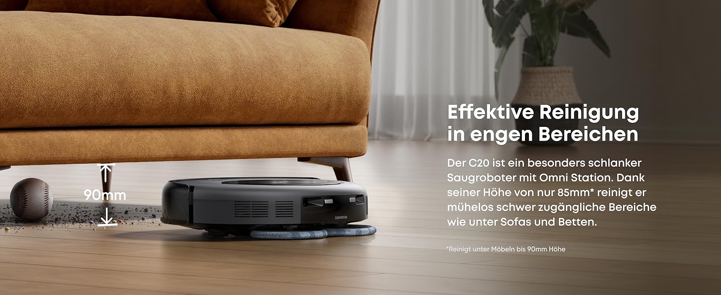 eufy Omni C20 ultraflaches 8,5 cm Design reinigt mühelos unter Betten und Sofas