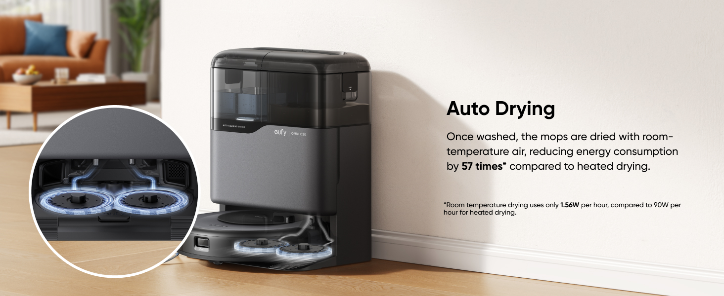 eufy Omni C20 auto drying mop pads with room-temperature air