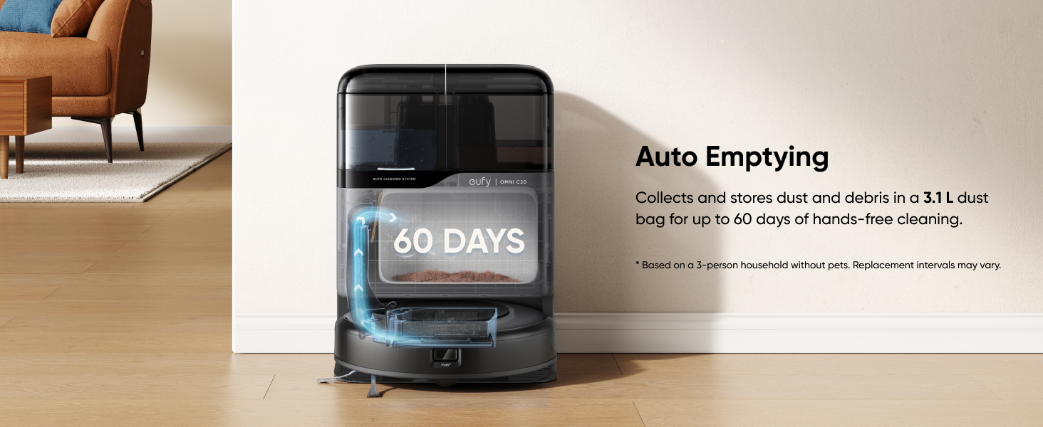 eufy Omni C20 auto emptying dustbin into station dust bag