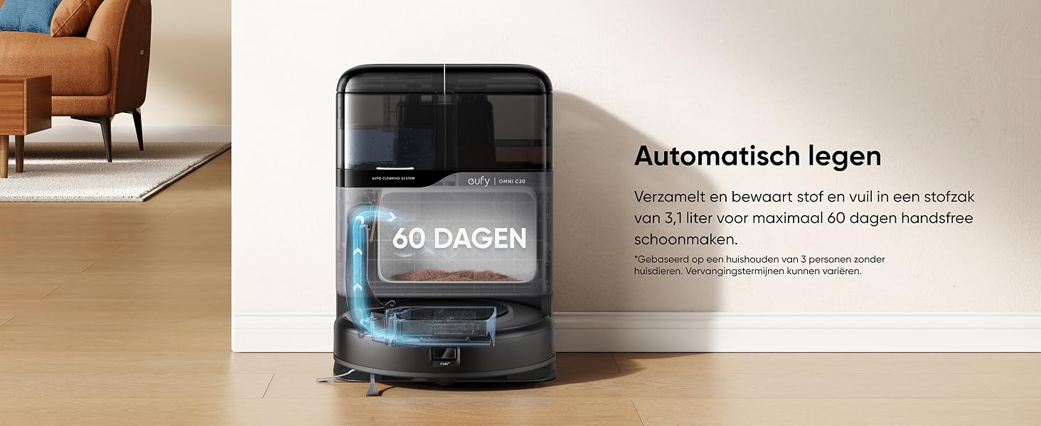 eufy Omni C20 automatisch legen stofreservoir in stofzak van het station