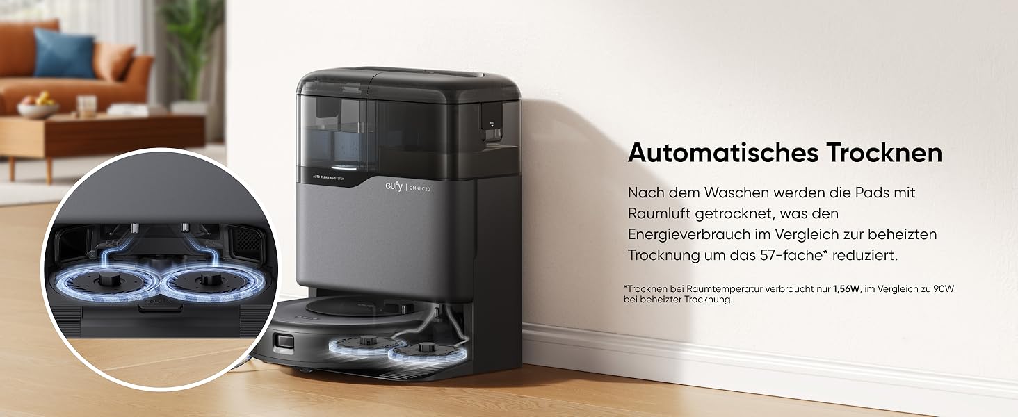 eufy Omni C20 automatische Trocknung der Wischpads mit Raumluft