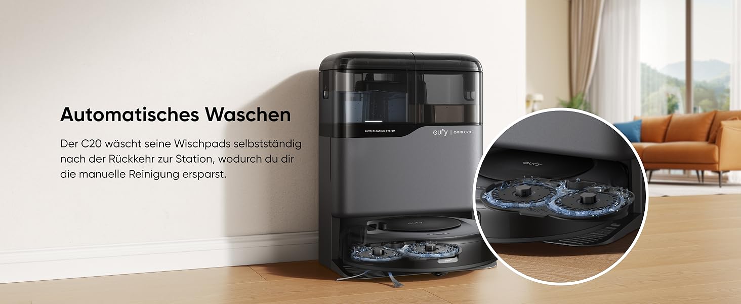 eufy Omni C20 automatisches Waschen der Wischpads mit sauberem Wasser