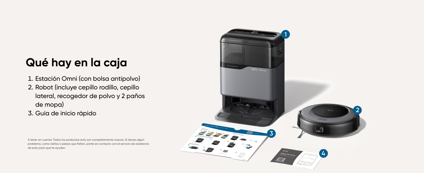 eufy Omni C20 contenido caja aspiradora robot estación mopas cepillo guía