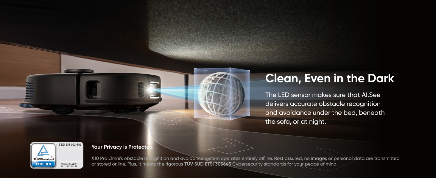 eufy X10 Pro Omni LED sensor for obstacle detection in complete darkness