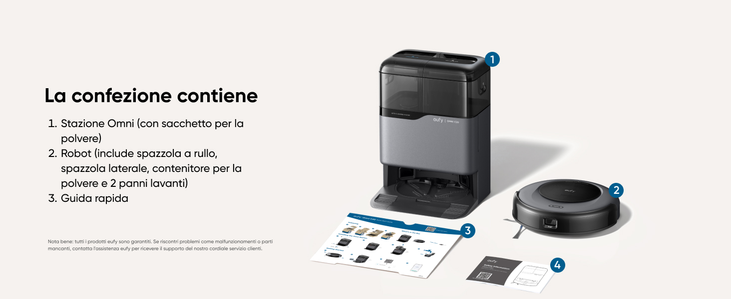 eufy Omni C20 contenuto confezione robot aspirapolvere stazione panni spazzola guida