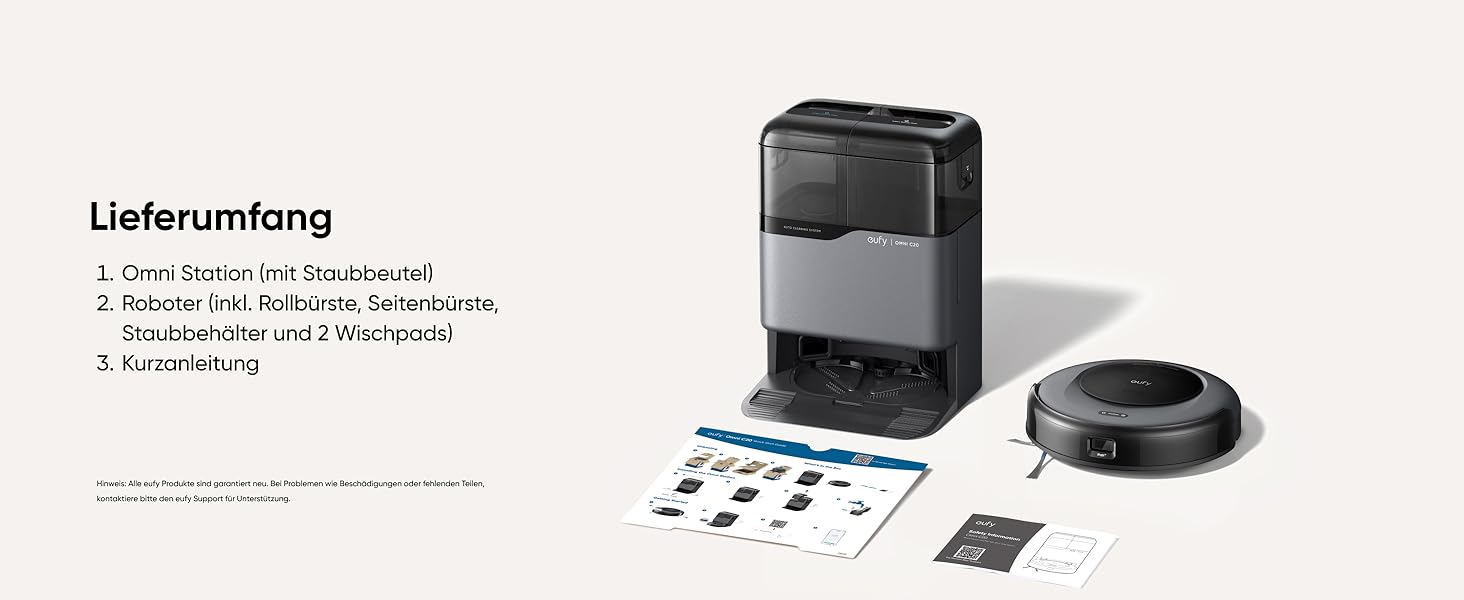 eufy Omni C20 Lieferumfang Saugroboter Station Wischpads Bürste Anleitung