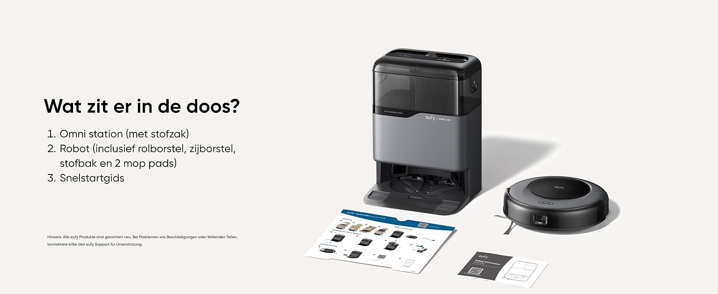 eufy Omni C20 inhoud van de doos robotstofzuiger station dweilpads borstel handleiding