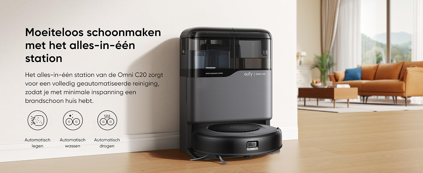 eufy Omni C20 all-in-one station automatisch legen wassen en drogen