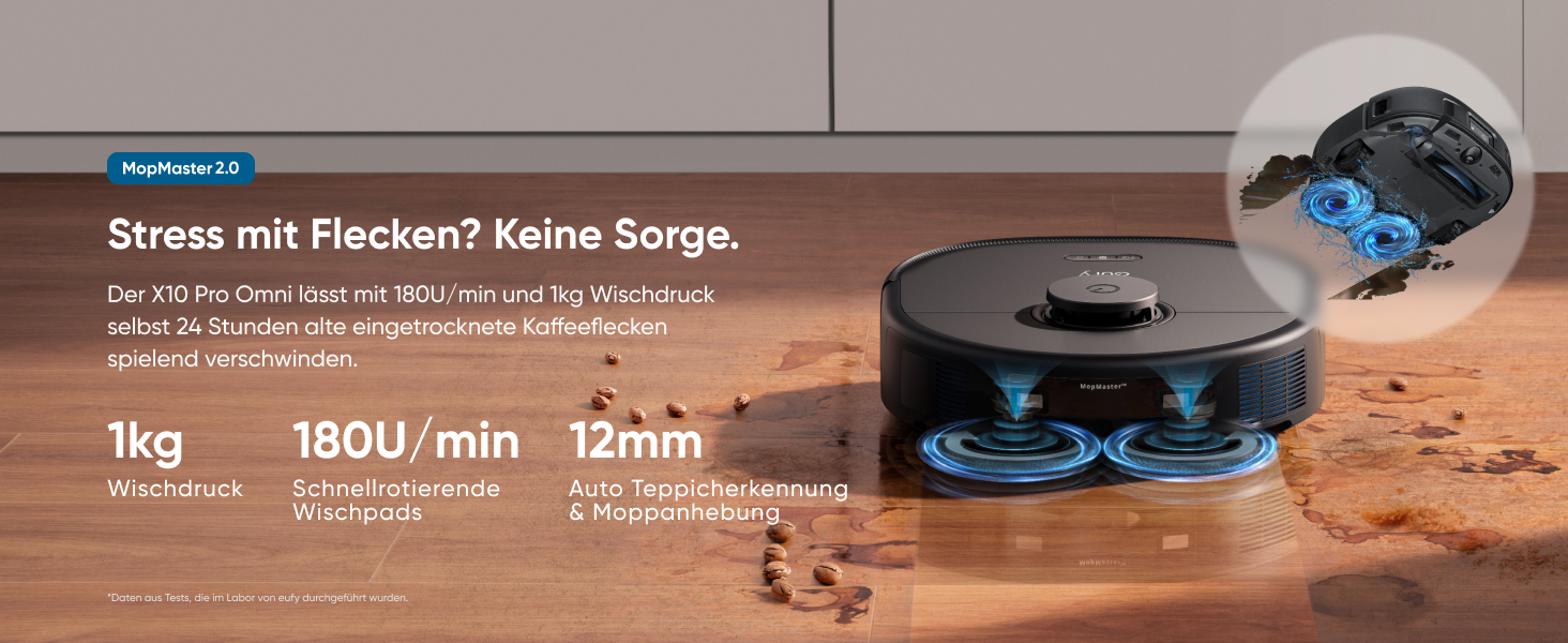 eufy X10 Pro Omni Weiß MopMaster 2.0 zwei rotierende Wischmopps 180 U/min mit 1 kg Anpressdruck