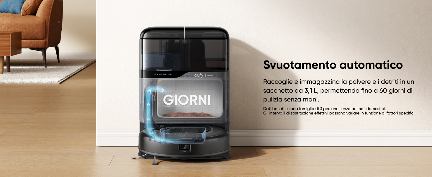 eufy Omni C20 autosvuotamento automatico polvere nel sacchetto della stazione
