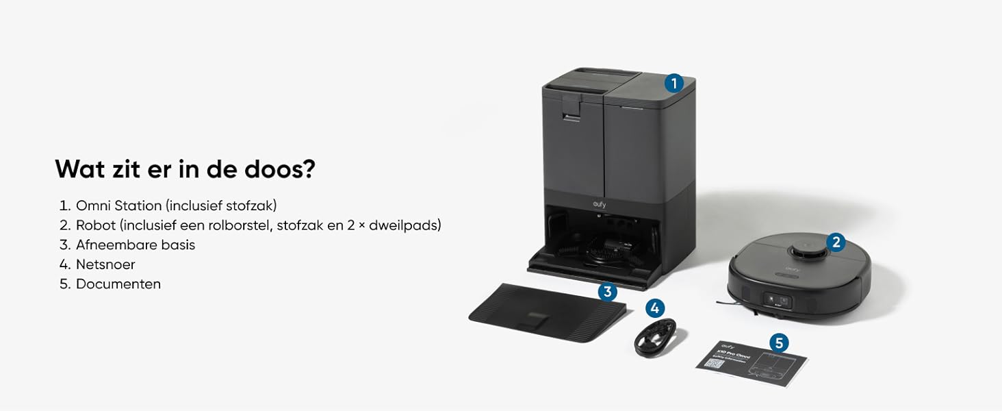 eufy X10 Pro Omni wat zit er in de doos – complete inhoud pakket
