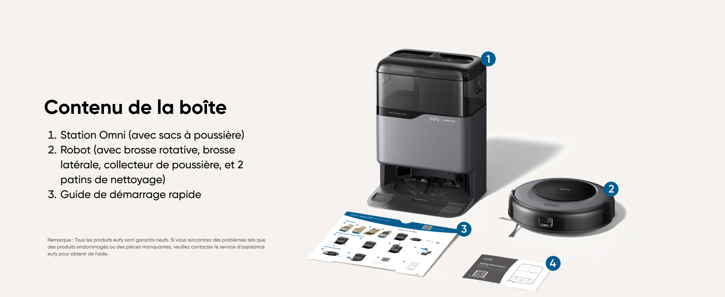 eufy Omni C20 contenu de la boîte robot aspirateur station patins brosse guide
