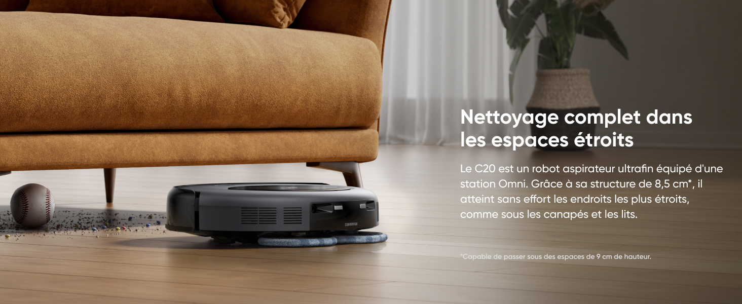 eufy Omni C20 design ultra-fin 8,5 cm nettoyage espaces étroits sous meubles