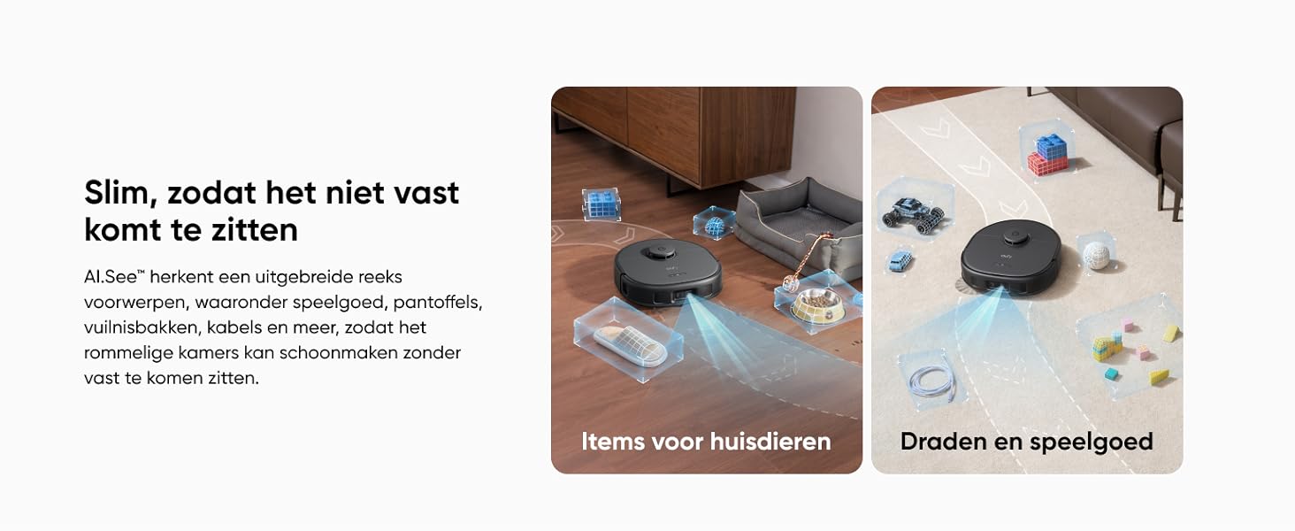 eufy X10 Pro Omni AI.See slimme obstakelvermijding ontwijkt kabels schoenen en speelgoed