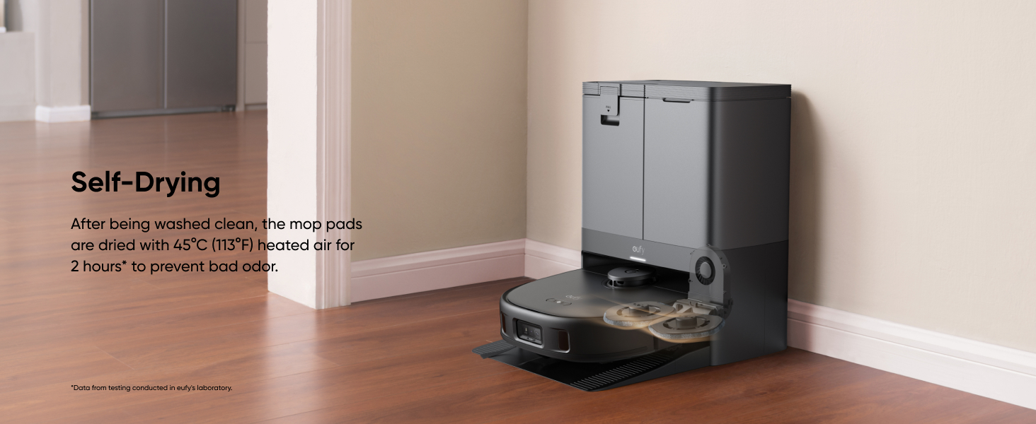 eufy X10 Pro Omni station self-drying mop pads at 45°C heated air